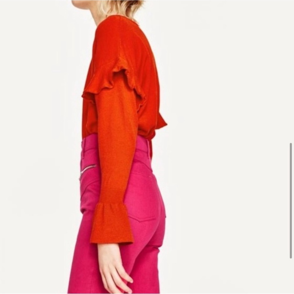 Zara Women’s Red Orange Bell Sleeves Ruffle Knit Long Sleeve Flounce Sweater - Picture 8 of 15